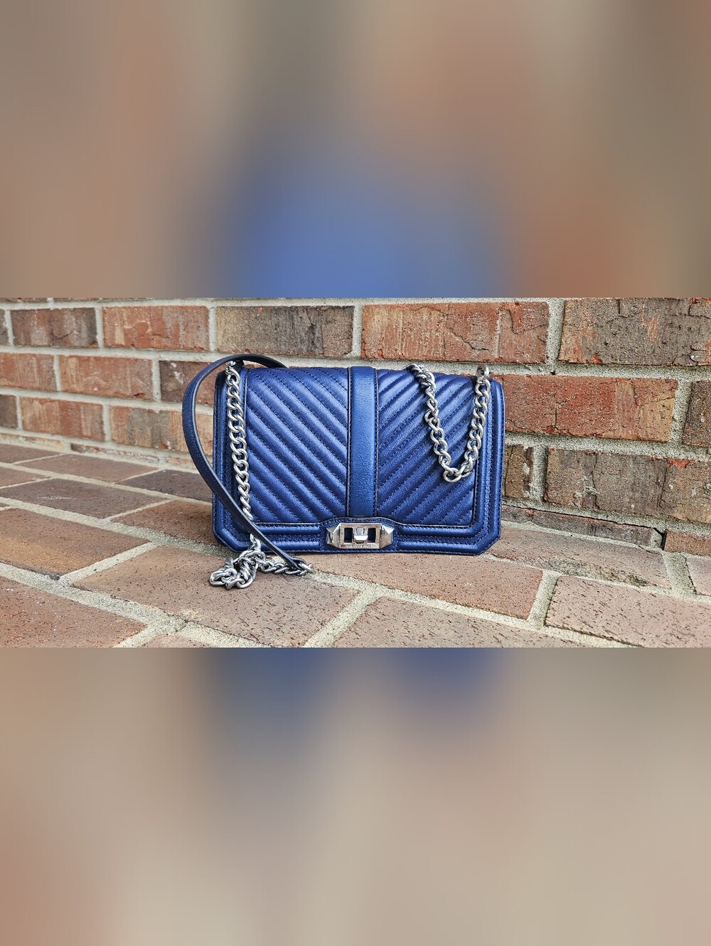 Rebecca Minkoff Chevron Quilted Love Crossbody Blue Leather Silver Chain Bag